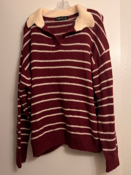 Lioness Sweaters - Lioness Burgundy & Cream Striped V-Neck Sweater